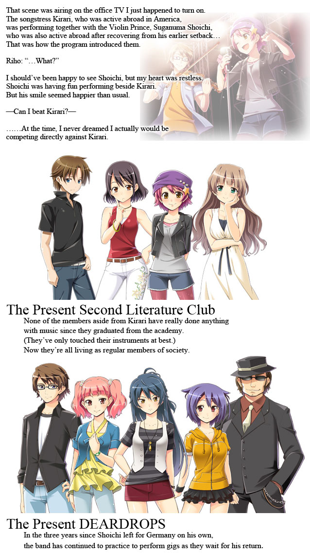 That scene was airing on the office TV I just happened to turn on.
The songstress Kirari, who was active abroad in America, was performing together with the Violin Prince, Suganuma Shoichi, who was also active abroad after recovering from his earlier setback…
That was how the program introduced them.

Riho: '…What?' 

I should’ve been happy to see Shoichi, but my heart was restless.
Shoichi was having fun performing beside Kirari.
But his smile seemed happier than usual.

—Can I beat Kirari?—

……At the time, I never dreamed I actually would be competing directly against Kirari.